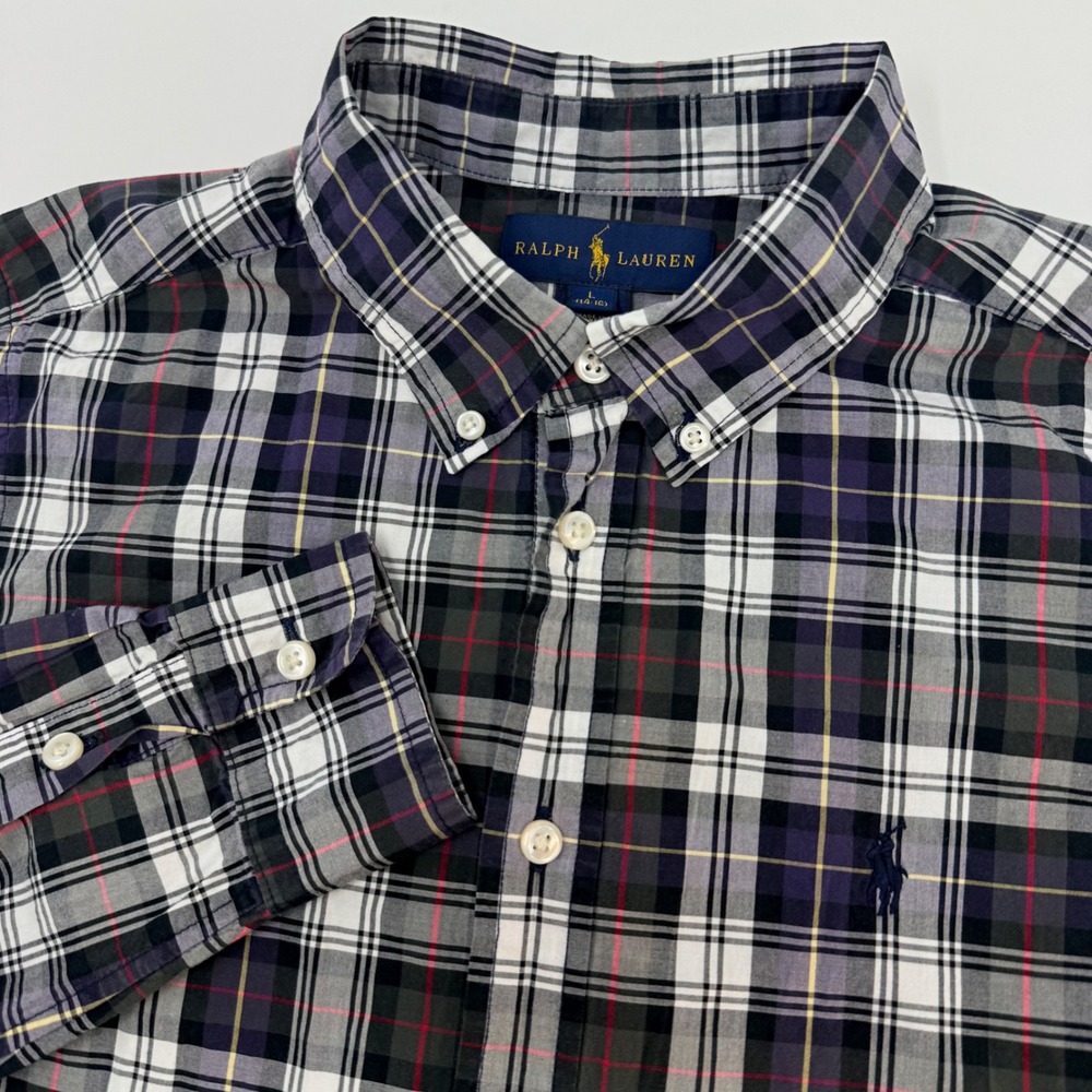 Ralph Lauren Boys Large 14-16 Purple Black Plaid Button Down Long Sleeve Shirt